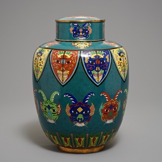 19世纪 景泰蓝饕餮纹面具图盖罐
