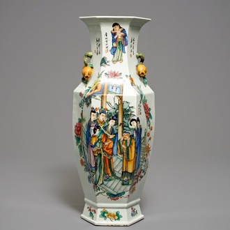 A hexagonal Chinese qianjiang cai two-sided design vase, 19/20th C.