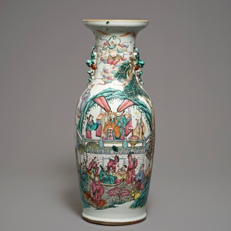 A Chinese famille rose vase with circular court scene design, 19th C.