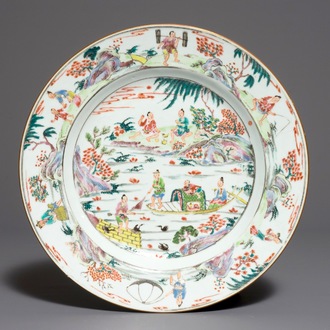 A fine Chinese famille rose dish with figures on a river, Yongzheng/Qianlong