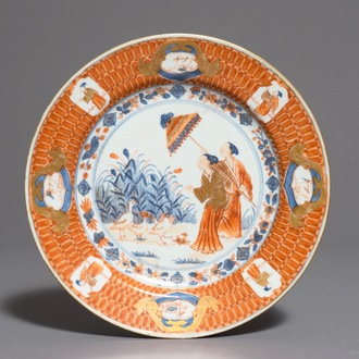 Een Chinees Imari-stijl bord naar Cornelis Pronk, "De parasoldames", Qianlong, ca. 1736-1738