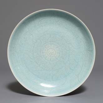 A monochrome Chinese clair-de-lune glazed dish with incised lotus design, 19/20th C.