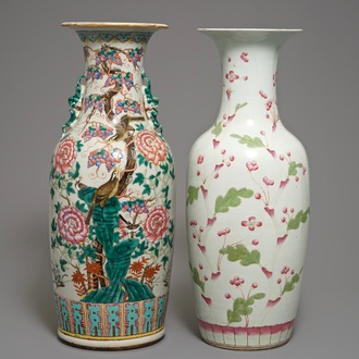 Two large Chinese famille rose vases with birds and flowers, 19th C.