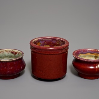 Two Chinese oxblood-glazed incense burners and a brush pot, 19/20th C.