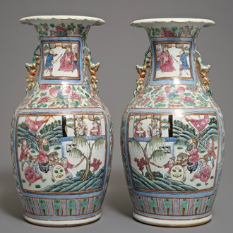 A pair of Chinese famille rose vases with warriors on horseback, 19th C.