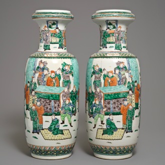 A pair of large Chinese famille verte figural rouleau vases, 19th C.