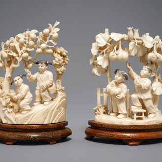 Two Chinese carved ivory groups of harvesting children, 1st half 20th C.