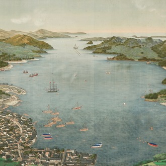 Keiga Kawahara (Japan, 1786-1860), “Zicht op de haven van Deshima”, gouache op zijde