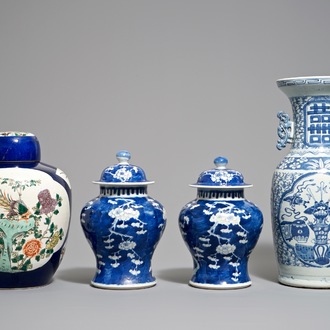 Four Chinese famille verte and blue and white vases, 19/20th C.