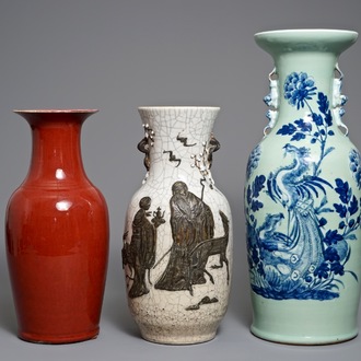 Three Chinese oxblood-glazed, crackled and celadon-ground vases, 19th C.