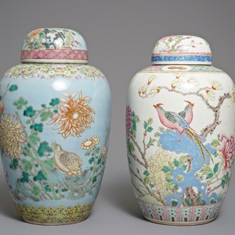 Two large Chinese famille rose olive-shaped ginger jars of floral design, 19th C.