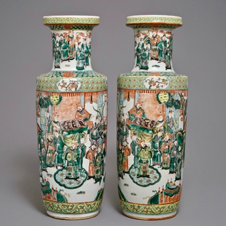 A pair of Chinese famille verte rouleau vases, 19th C.