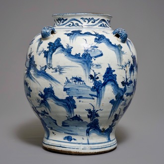 A large Chinese blue and white baluster vase with mountainous landscapes, Ming