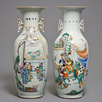 Deux grands vases en porcelaine de Chine famille rose, 19/20ème