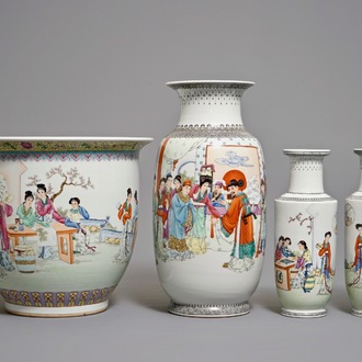 20世纪 粉彩人物瓷瓶 粉彩人物缸 四件