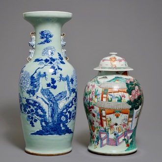 A Chinese famille rose vase and cover and a large blue and white celadon-ground vase, 19th C.