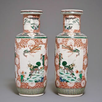 A pair of Chinese famille verte rouleau vases, Qianlong mark, 19th C.