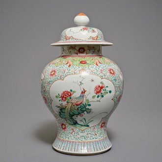 A Chinese famille rose vase and cover, Qianlong mark, 19th C.