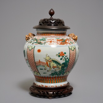 A Chinese wucai vase with mythical beasts, 19th C.