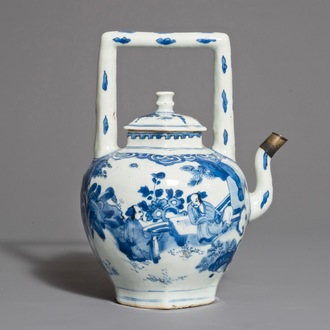 A Chinese blue and white wine jug and cover with silver-mounted spout, Transitional period