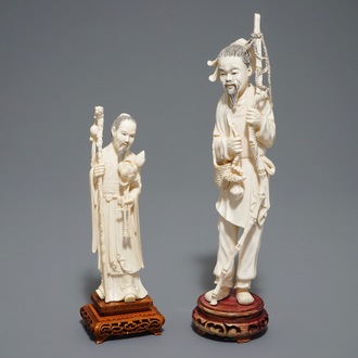 Two Chinese carved ivory figures on wooden bases, 19/20th C.