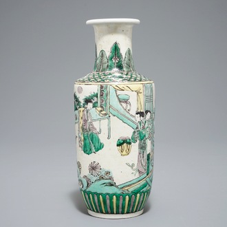 A Chinese verte biscuit rouleau vase, Kangxi or later