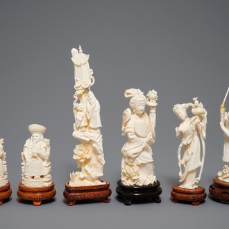 Six various Chinese carved ivory figures on wooden bases, 19/20th C.