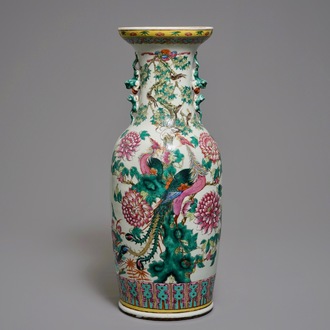 A large Chinese famille rose vase with phoenixes, 19th C.