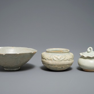 Three Chinese qingbai and grey-glazed bowls and jarlets, Song and Ming