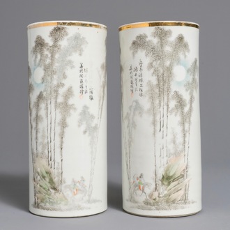 A pair of Chinese qianjiang cai landscape hat stands, 19/20th C.