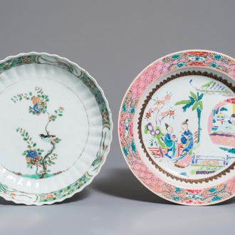 Two Chinese famille verte and rose plates, Kangxi and Yongzheng