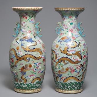 A pair of Chinese famille rose celadon-ground dragon vases, 19th C.