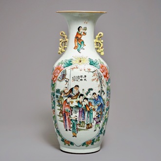 A Chinese famille rose two-sided design vase, 19/20th C.