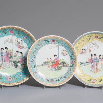 Three Chinese famille rose dishes with ladies in a garden, Qianlong marks, Republic, 20th C.