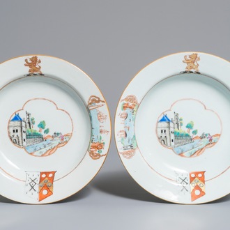 A pair of Chinese famille rose armorial English market plates, Qianlong