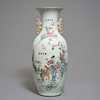 A Chinese famille rose vase with the immortal Magu with a deer, 19/20th C.