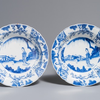 A pair of Chinese blue and white deep plates with Long Eliza and a boy, Kangxi