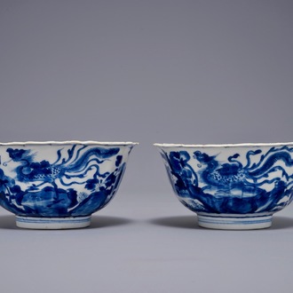 A pair of Chinese blue and white lobed phoenix bowls, Kangxi