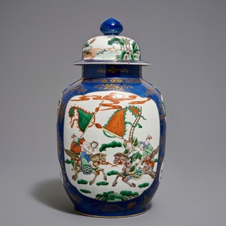 A Chinese famille verte on powder blue ground vase and cover, 19th C.