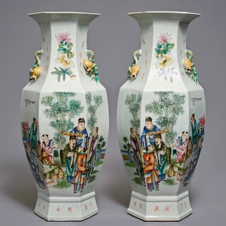A pair of hexagonal Chinese famille rose "Seven Sages of the Bamboo Grove" vases, signed Pan Zhaotang, 1st half 20th C.
