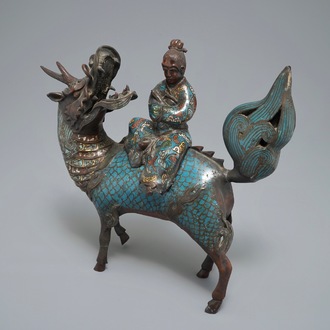 A Chinese bronze and cloisonné incense burner shaped as a sage on a qilin, seal mark, 19th C.