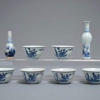 Two Chinese blue and white vases and six tea bowls, Hatcher cargo, Transitional period