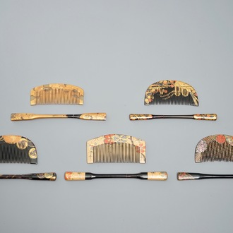 19世纪 日本明治 梳子 漆发夹 五套