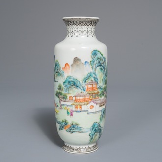 A Chinese famille rose landscape vase, Qianlong mark, Republic, 20th C.