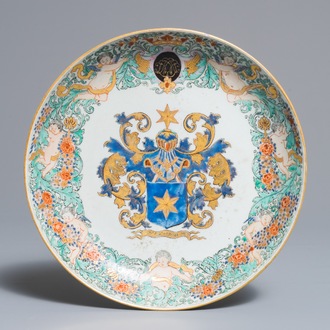 A Chinese Dutch market armorial plate with the arms of Langerak, dated 1744, Qianlong