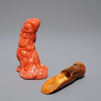 A Chinese carved coral figure and an ivory tea spoon, 19th C.