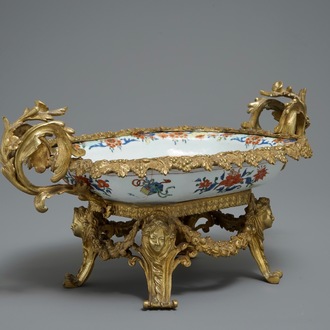 A deep Chinese octagonal dish in a French gilt bronze mount, Yongzheng and 19th C.