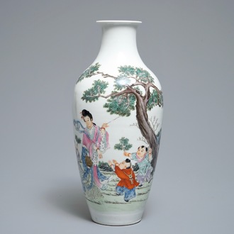 A Chinese famille rose vase with a garden scene, Republic, 20th C.