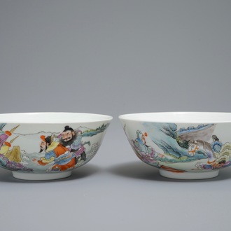 Two Chinese famille rose bowls with warriors, Qianlong mark, 20th C.