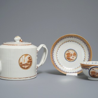 A Chinese export porcelain teapot with matching cup and saucer, Jiaqing